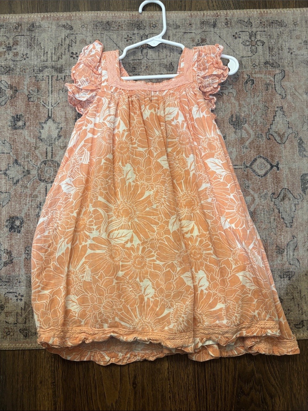Girls Peach Floral Sundress with Ruffle Sleeves